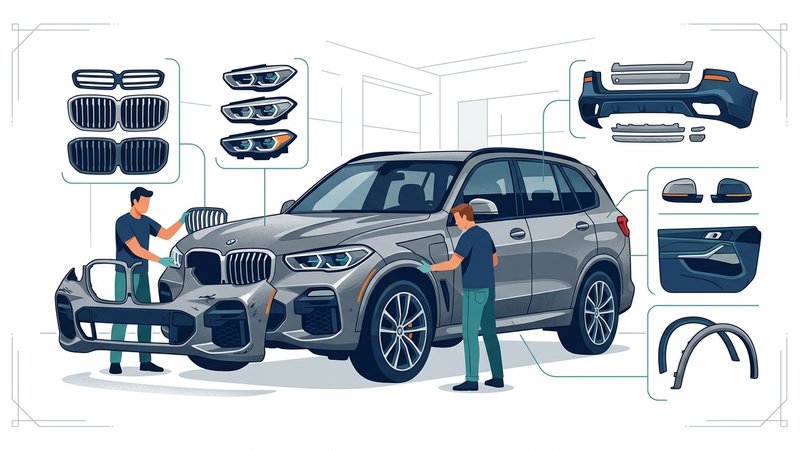Современная иллюстрация кузовных деталей BMW X5 G05 для статьи о восстановлении экстерьера автомобиля
